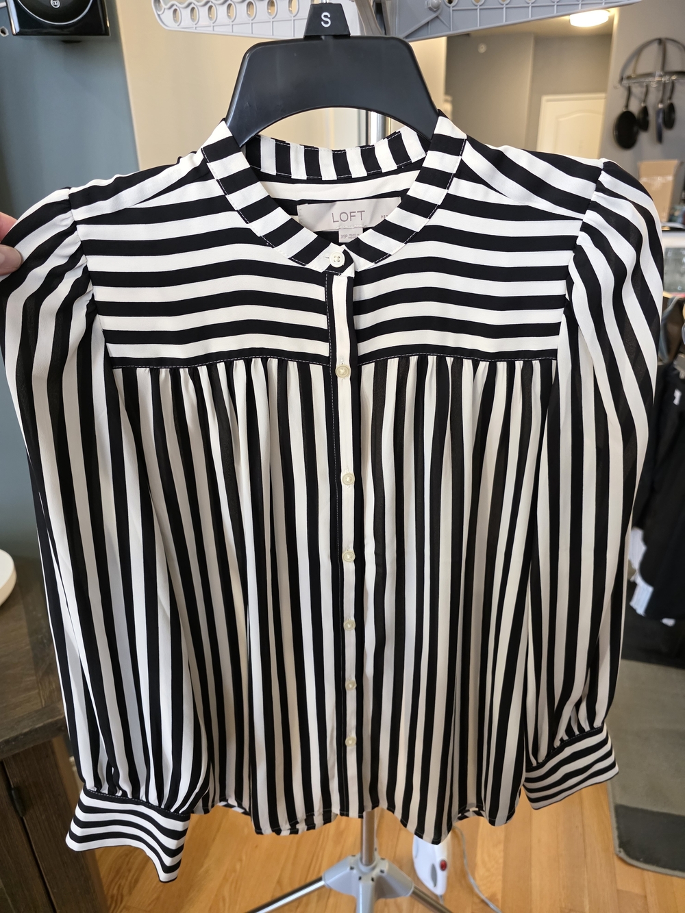 LOFT Black and White Striped Button-Front Blouse